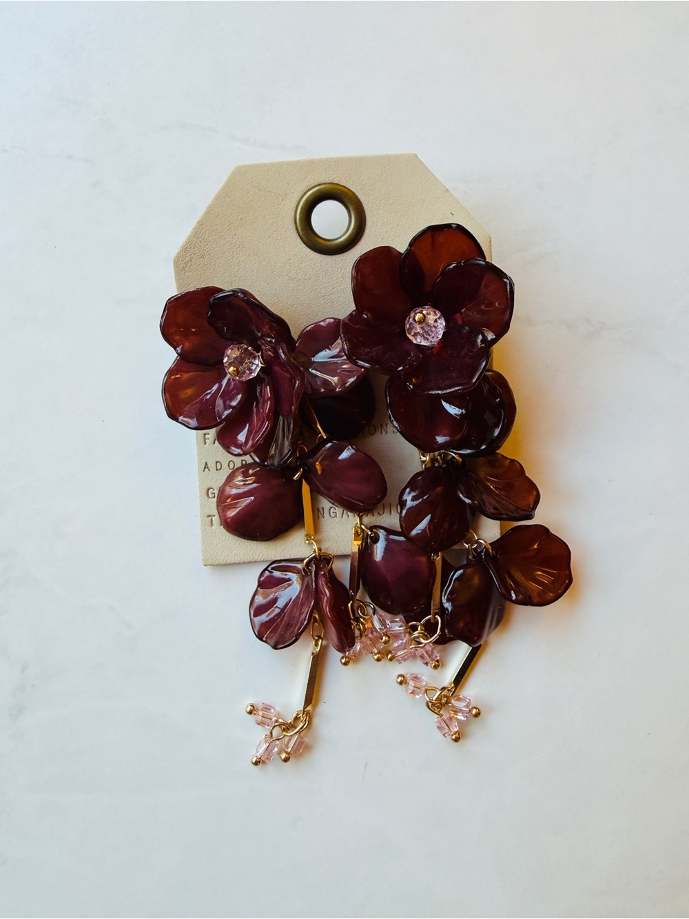 NWT Anthropologie Floral Drop Earrings, Burgundy Petal